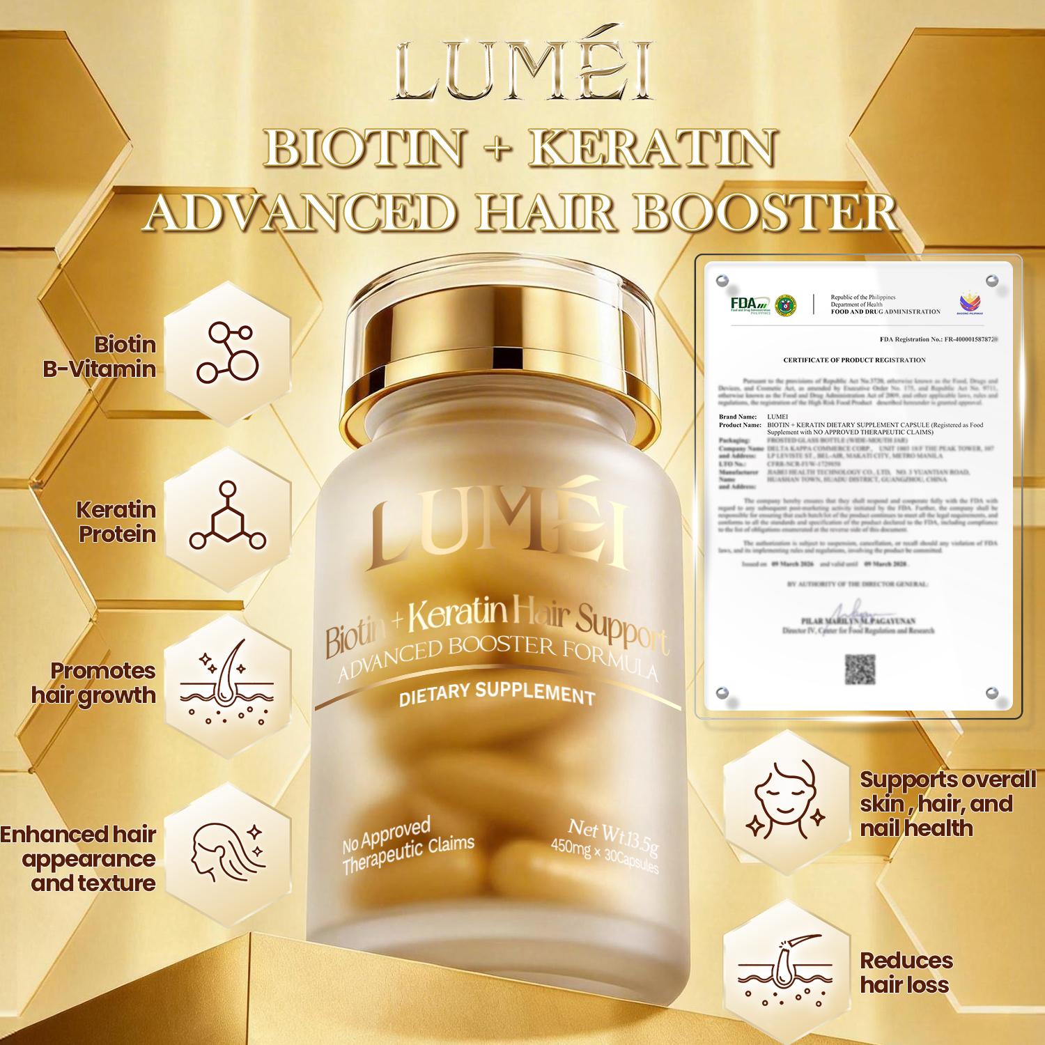 [FDA Approved] LUMÉI Biotin+Keratin Advanced Hair Booster Dietary Supplement Anti-Hair Loss Anti-Hair Thin 30 Capsules