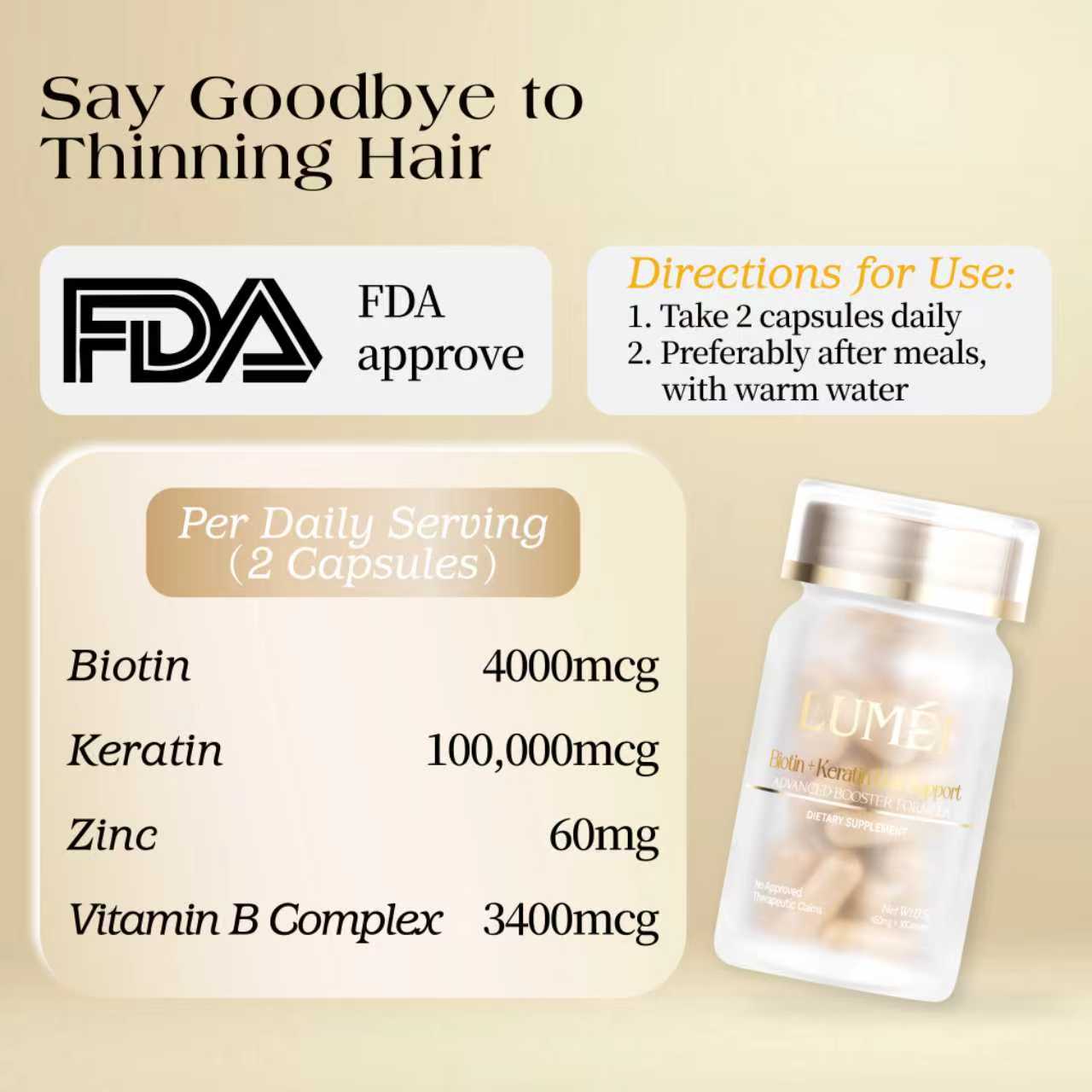 [FDA Approved] LUMÉI Biotin+Keratin Advanced Hair Booster Dietary Supplement Anti-Hair Loss Anti-Hair Thin 30 Capsules