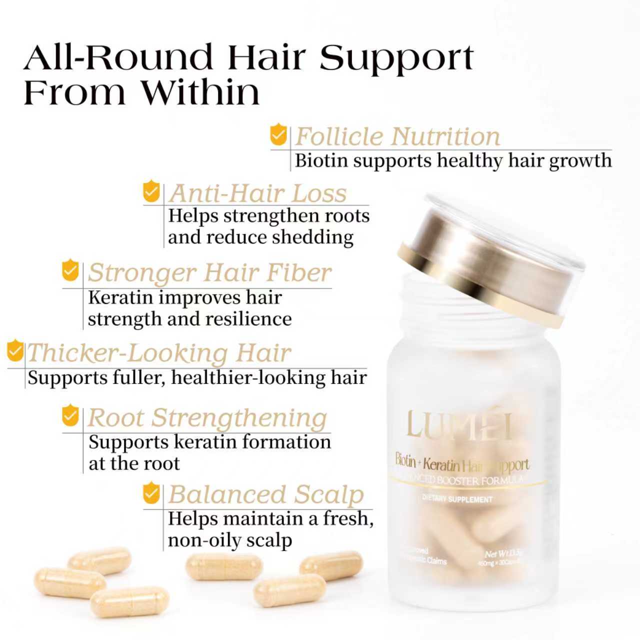 [FDA Approved] LUMÉI Biotin+Keratin Advanced Hair Booster Dietary Supplement Anti-Hair Loss Anti-Hair Thin 30 Capsules